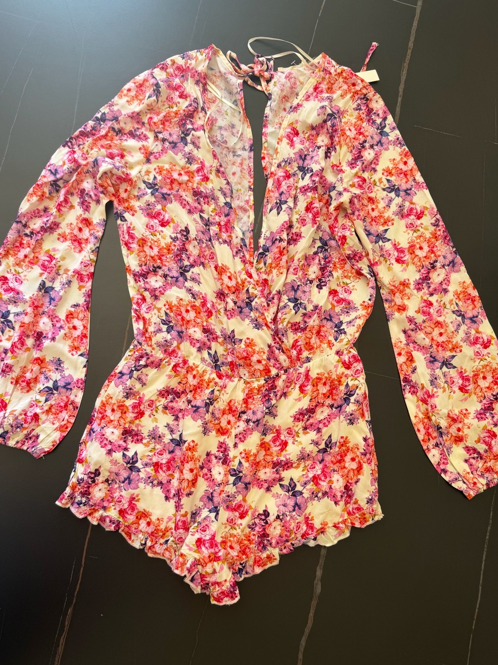 San Joy Floral Tie-Shoulder jumpsuit in Cream, Pink & Purple